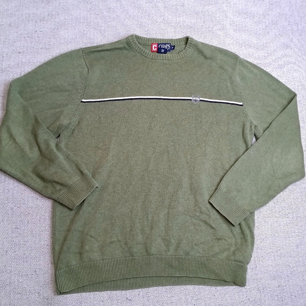 Chaps Sweater Mens Medium Green Excellent Cotton Striped Crewneck Pullover